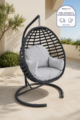Niron Royal Rattan Bahçe Salıncağı Antrasit - Minderli Modern Salıncak