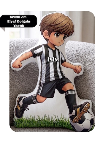 Taraftar Yastık Siyah Beyaz Formalı Futbolcu Figür İsimli Yastık Çift Yön Baskılı Yastık 42x30cm Siyah - Beyaz