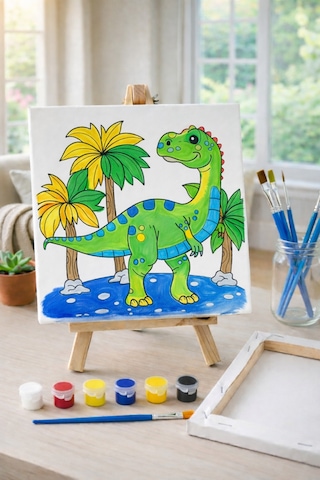 Çocuk Tuval Boyama Seti Neşeli Dino Adası Şövale Dahil