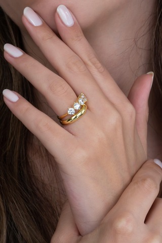 Takı Dükkanı Gold Renk 4mm Gümüş Alyans Ve Hafif Gümüş Beştaş Yüzük Seti Wsr124