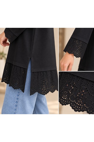 Aymiraa Kadın Dantel Detaylı Uzun Tunik Tesettür Sweatshirt Bisiklet Yaka Rahat Kesim SiYAH