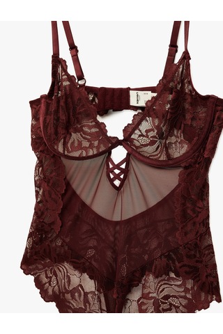Koton Dantel Detaylı V Yaka Askılı Bodysuit Bordo 6wlk00010mk Bordo