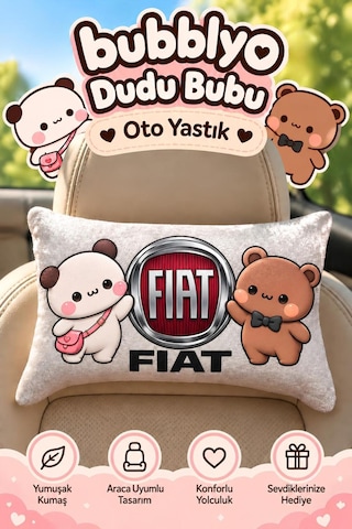 Bubblyo Fiat Temalı Dekoratif Oto Yastığı Sevimli Çift Tasarım Beyaz Beyaz