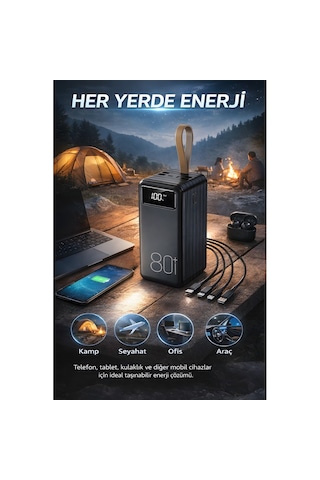 80.000 Mah Powerbank Dahili Kablolu 4 Usb Çıkışlı Led Göstergeli Taşınabilir Hızlı Şarj Powerbank Siyah
