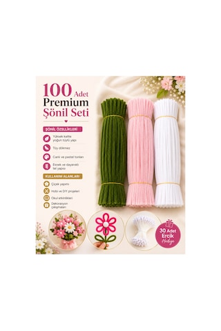 3'lü Set Pastel Pembe 50 , Beyaz 25 , Ordu Yeşili 25 Şönil ,çiçek Yapımına Uygun Tüylü Tel