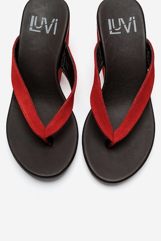 Luvi Shoes Pryon Kırmızı Süet Hakiki Deri Kadın Parmak Arası Dolgu Topuklu Terlik