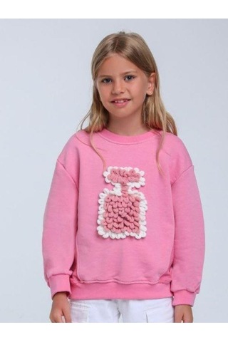 Kız Çocuk Parfüm Şişesi Örgü Detaylı Sweatshirt-14314 Pembe