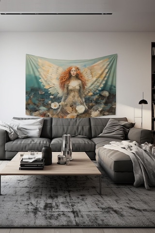 Melek Bahçesi Desenli Duvar Halısı Duvar Örtüsü Tapestry Süet Dokulu Kumaş