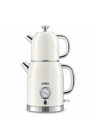 Krem Elektrikli Cam Demlikli Plastik Retro Çay Seti Çaycı Derece Göstergeli 1600w 1.8lt - 1lt Stm-58