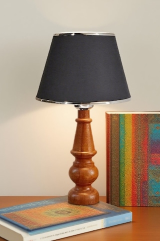 Ahşap Gövdeli Kumaş Başlıklı Dekoratif Abajur Masa Lambası Aydınlatma Lamba Gümüş