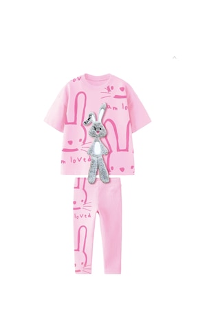 Lolliboomkids Kız Çocuk Peluş 3d Tavşan Nakış Detaylı Tshirt - Tayt Alt Üst Takım Pembe Renk Pembe