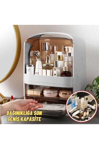 Makyaj Organizer Kozmetik, Fırça Ve Takı Düzenleyici Çok Amaçlı Masaüstü Makyaj Kutusu Bej