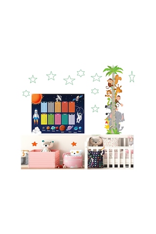 İkili Set Kendinden Yapışkanlı Şeffaf Sevimli Safari Boy Ölçer + Gezegenler Temalı Çarpım Tablosu Poster Çocuk Odası