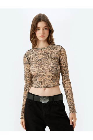 Koton Slim Fit Bisiklet Yaka Uzun Kollu Yılan Derisi Baskılı Crop Tişört Kahverengi Desenli 5wak50211ek Kahverengi