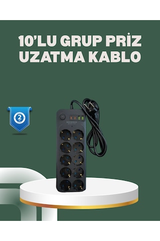 Termal Koruma Sistemli Usb Type-c 10 Lu Grup Priz 2m 2500w Güç Kapasiteli