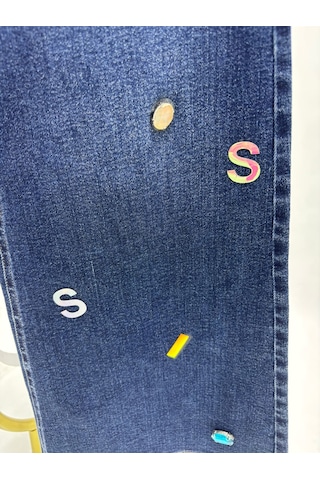 Büyük Beden Taşlı Denim Kadın Pantolon Lacivert