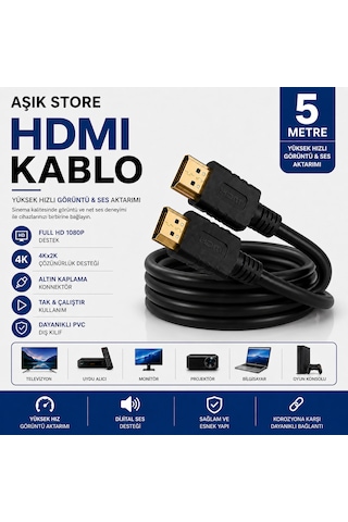 Hdmı Kablo 5 Metre Full Hd 1080p 4kx2k Yüksek Hızlı Görüntü Ve Ses Aktarım Kablosu Altın Kaplama Konnektör Pvc Dış Kılıf