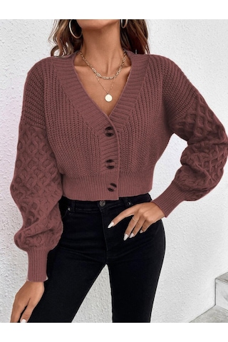 Aqe Fashion V Yaka Örgü Desenli Triko Crop Tarçın Hırka Tarçın