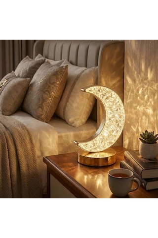 Gece Lambası Hilal Ay Formlu Kristal Led Masa Lambası Dokunmatik 3 Renk Işık Modlu Şarj Edilebilir Küçük Boy Dekor Amaçlı .