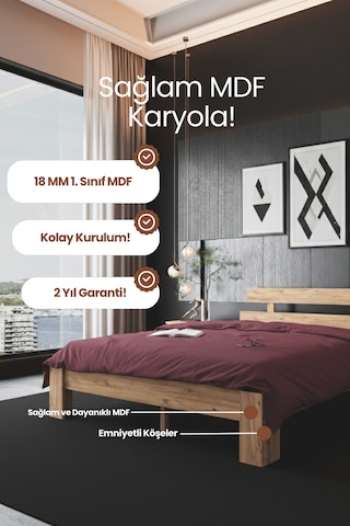 Lotus Çift Kişilik Mdf Karyola 140x190 Yatak Uyumlu - Atlantik Çam