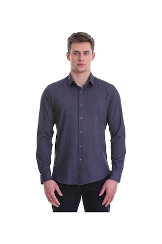 Hatemoğlu Lacivert Slim Fit Baskılı 100% Pamuklu Slim Yaka Uzun Kollu Bask Lacivert