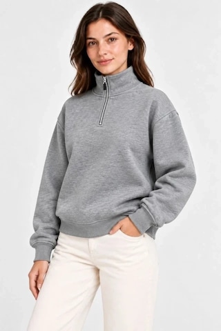 DefyModa Üç İplik İçi Şardonlu Dik Yaka Yarım Fermuarlı Kışlık Sweatshirt - Gri