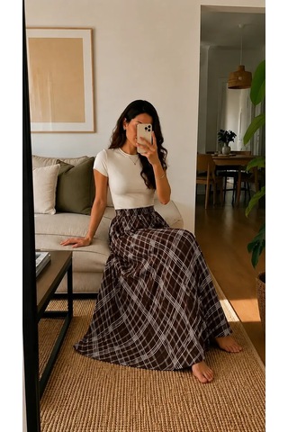 Kahverengi Ekose Desenli Astarlı Uzun Etek Lastikli Bel Yüksek Bel Maxi Etek