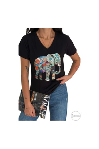 Cassime Kadın Fil Kuş Çiçek Pul Payet İşlemeli %100 Pamuk V Yaka Siyah T-shirt
