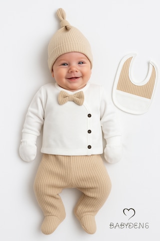 Babyden's Erkek Bebek Hastane Çıkışı 5'li Takım %100pamuk Ribana Kumaş Papyonlu Zıbın, Şapka,eldiven,önlük,alt Bej
