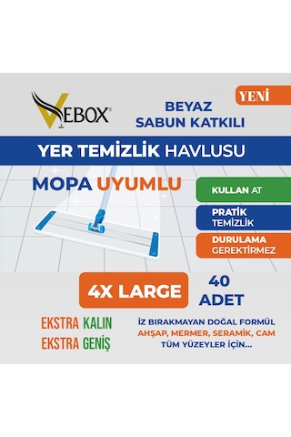 Vebox Beyaz Sabun Katkılı Mopa Uyumlu Yer Temizlik Havlusu 40'lı