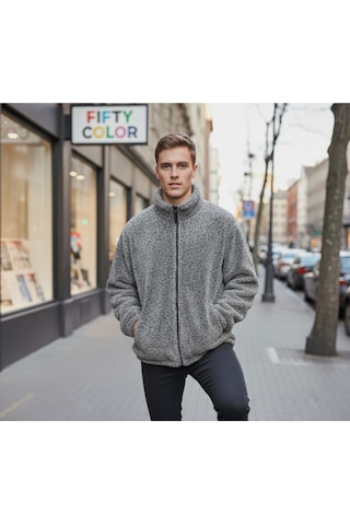 Gri Premium Kalite Dik Yaka, Fermuarlı, Polarlı, Peluş Ceket Gri
