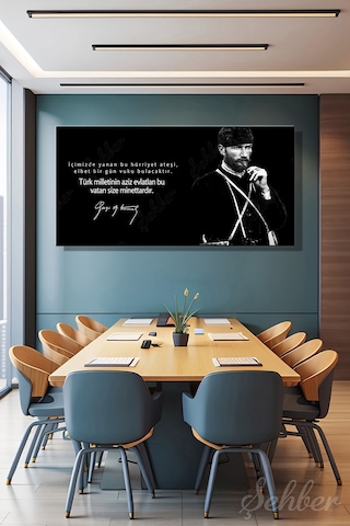Gazi Mustafa Kemal Atatürk'ün Portresi Ve Anlamlı Bir Sözü İle İmzası Yatay Kanvas Tablo Tekli 4133 Çok Renkli