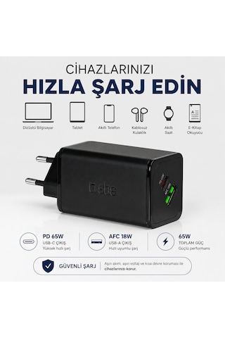 Sbs 65w Gan Hızlı Şarj Adaptörü Usb-c Pd 65w + Usb-a Afc 18w Laptop, Tablet Ve Telefon Uyumlu Avrupa Tipi Fiş
