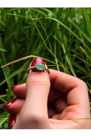 Doğal Taş Yeşil Akik Doğal Taşlı Antik Ayarlanabilir Kadın Yüzük Euy30ya Çok Renkli