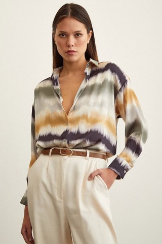 Kadın Uzun Kol Sulu Boya Desenli Renkli Pamuk Saten Premium Kalite Spor Şık Gömlek Haki