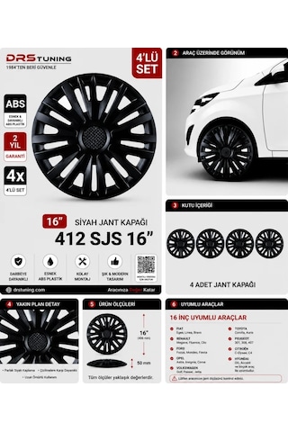 Volkswagen Uyumlu 16 Inç Kırılmaz Parlak Siyah Jant Kapağı 1 Takım 4 Adet No:412