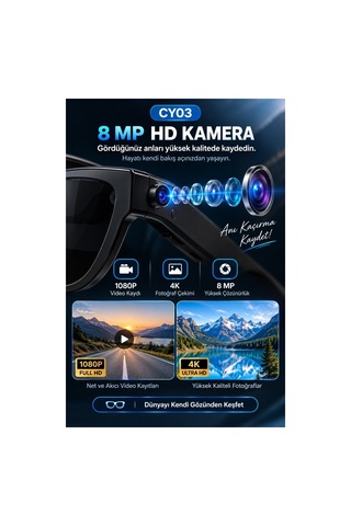 Cy03 Akıllı Kameralı Gözlük 8 Mp 1080p Video Kayıt Bluetooth Wifi Aı Çeviri Destekli