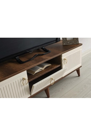 110 CM MDF MEBRAN KAPAK TV SEHPASI BAROK CEVİZ - KREM