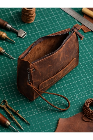 Vintage Leather Craft Hakiki Deri Erkek El Çantası Açık Kahverengi - Taba