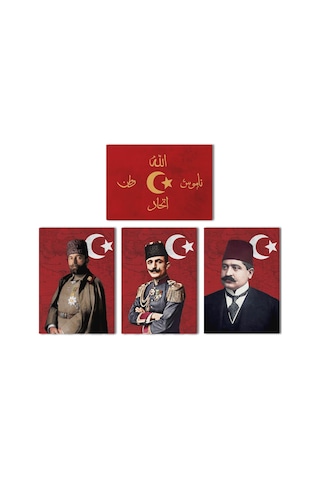 İttihat Terakki Sancağı Kanvas Tablo Seti 4'lü 40x55cm Enver Paşa Talat Paşa Cemal Paşa İttihat Bayrağı