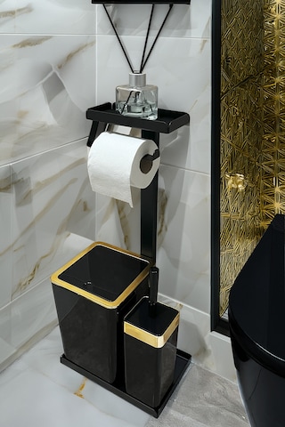 3'ü 1 Arada Banyo Seti Tuvalet Kağıtlık, Çöp Kovası Ve Tuvalet Fırça Takımı Altın - Siyah