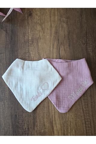 Venedys 2 Li İsme Özel Müslin Bebek Mama Önlüğü Seti Nakışlı Bandana 0-2 Yaş Pudra-krem