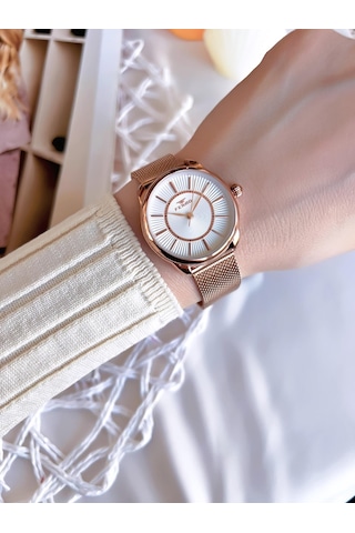 Ferro Hasır Kordonlu Rose Gold Kararmaz Renk Atmaz 3 Atm Özel Tasarım Kadın Kol Saat 21152cwt-c