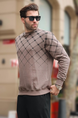 Madmext Camel Desenli Bisiklet Yaka Triko Kazak 6019 Camel