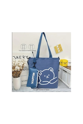 Organıcyou Helloyıyı Küçük Ayı Tek Omuz Çantası, İki Parça Set, Geniş Kapasiteli Öğrenci Crossbody Çanta Mavi
