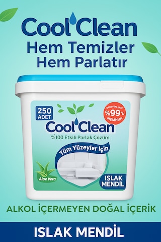 Cool Clean Yüzeyler için Islak Temizlik Mendili Kova 250'li