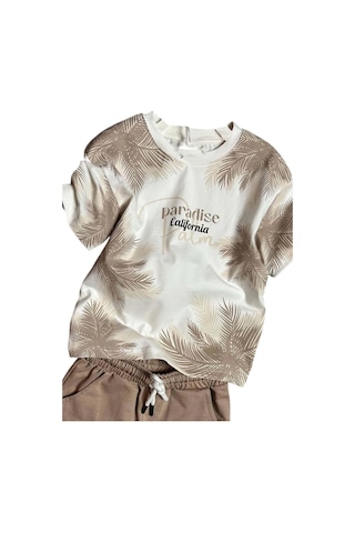 Riccotarz Erkek Çocuk Üzeri Palmiye Detaylı Ve Paradise California Baskılı T-shirt Bej Şortlu Takım Bej