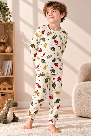 Free Beka Desenli Bisiklet Yaka %100 Pamuklu İnterlok Kumaş Erkek Çocuk Uzun Kollu Pijama Takımı Çok Renkli
