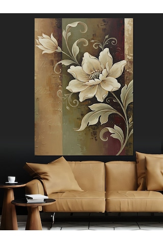 Ahşap Tablo Tek Beyaz Çiçek Art Deco Fon