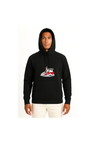 Bahriyeli Collection Kapüşonlu Yavuz Sondaj Gemisi Dalgalar Arası Göğüs Ve Sırt Baskılı Unisex Sweatshirt Siyah